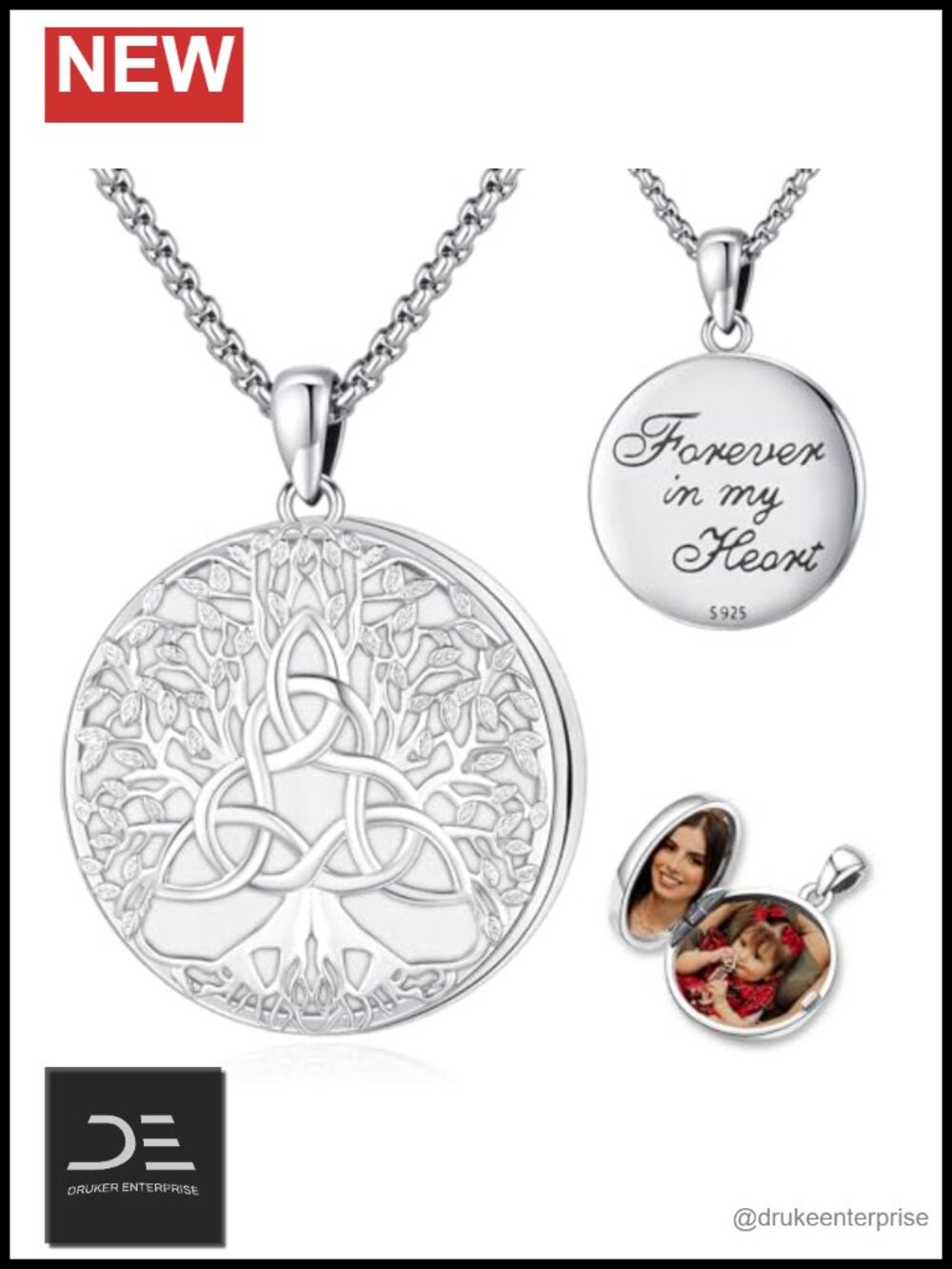 Picture Locket Necklace Women Men 925 Sterling Silver Tree of Life Celtic Knot
